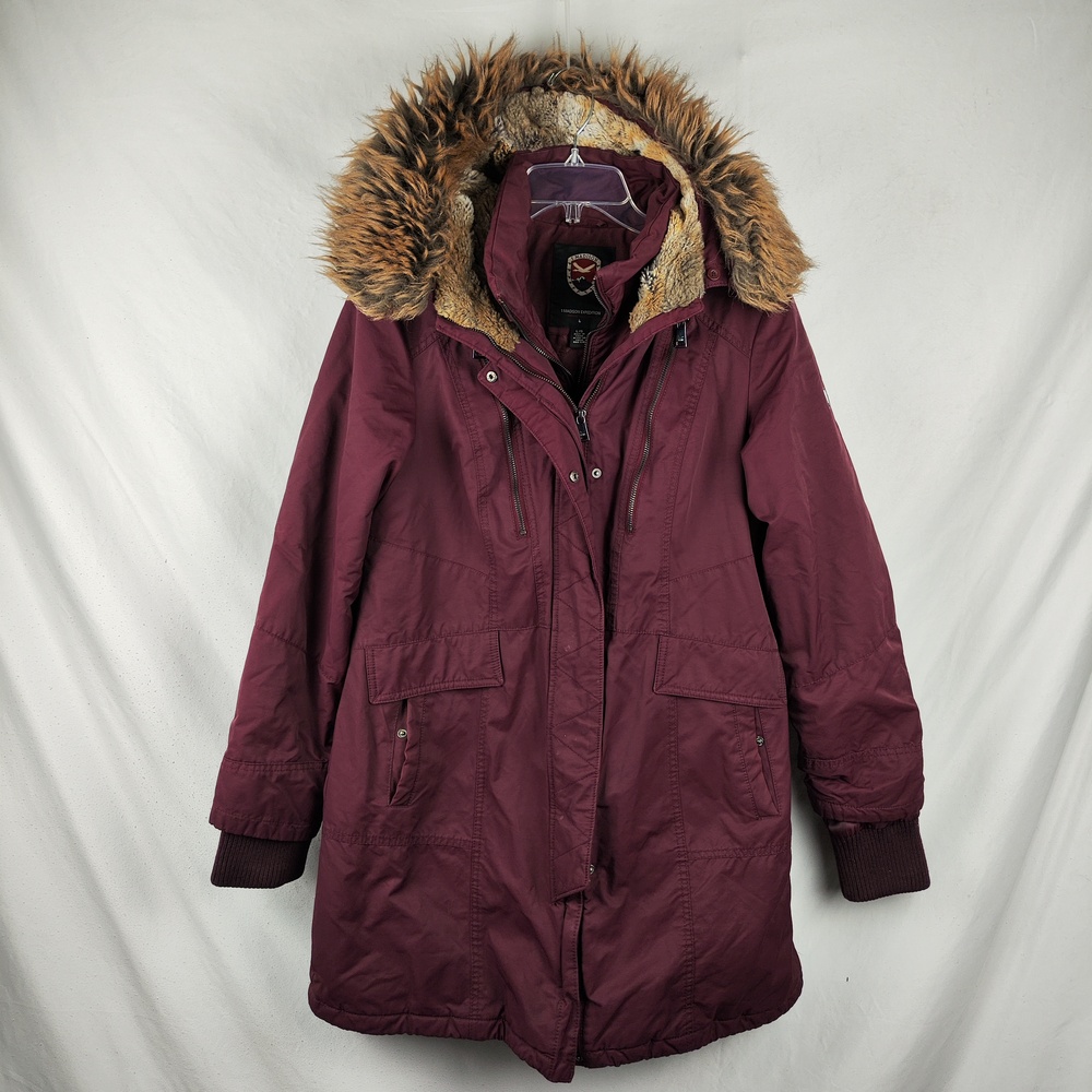1 Madison Expedition Coat Womens Large Purple Faux Fur Hooded Parka Front Zip